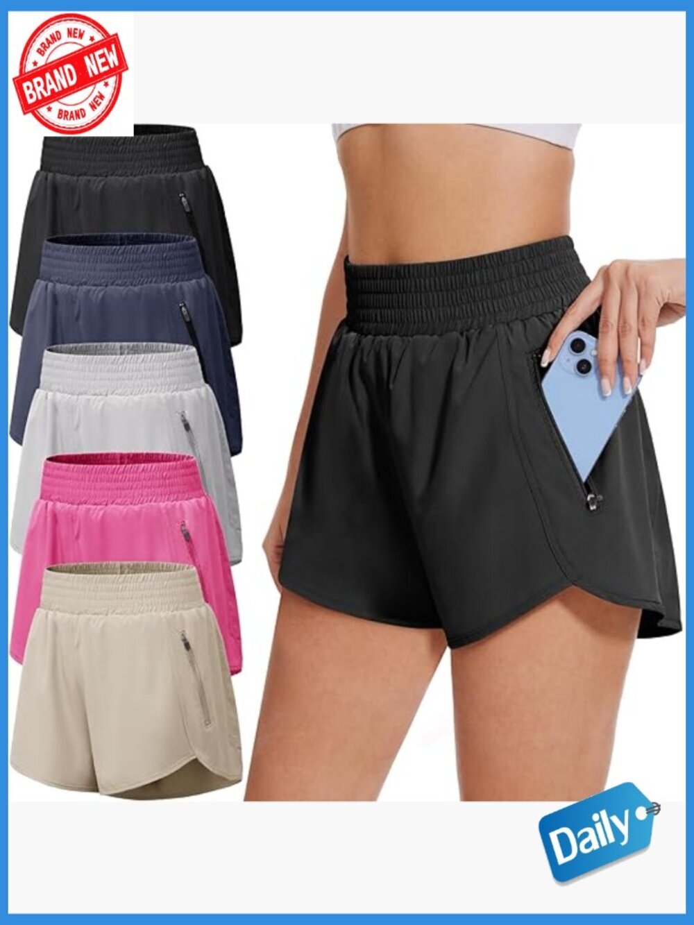 Pack of 5 Athletic Shorts with Zipper Pockets, High Waisted